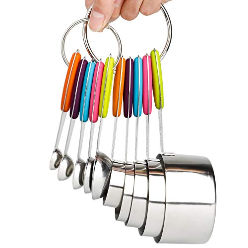 Juego de 10 tazas y cucharas medidoras de acero inoxidable, incluye 5 tazas medidoras y 5 cucharas medidoras de metal para medir ingredientes secos y líquidos