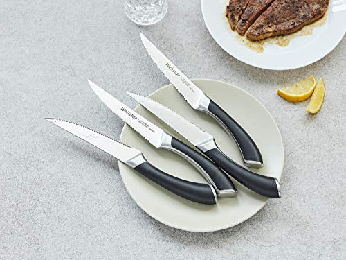 Juego de 4 cuchillos de carne, hoja de acero inoxidable alemán resistente al óxido, mango ergonómico completo, juego de cuchillos de mesa de cena para el hogar restaurante – caja de regalo