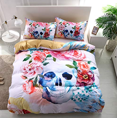 Juego de cama de microfibra, diseño de calavera de azúcar, flor, acuarela, pirata, esqueleto, horror Halloween, esqueleto del cuerpo humano, antipelusas, antihumedad (01,220 x 260 cm)