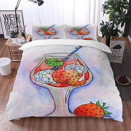 Juego de Fundas de edredón,Barra roja Cóctel Hielo Fresas Dibujado Alcohol Comida Ron Bebida Bebida Champán Cítrico Vas/Microfibra Funda de Nórdico (Cama 220 x 240 cm + Almohada 50X80cm)