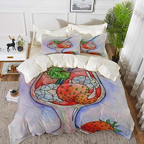 Juego de Fundas de edredón,Barra roja Cóctel Hielo Fresas Dibujado Alcohol Comida Ron Bebida Bebida Champán Cítrico Vas/Microfibra Funda de Nórdico (Cama 220 x 240 cm + Almohada 50X80cm)