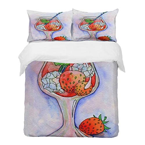 Juego de Fundas de edredón,Barra roja Cóctel Hielo Fresas Dibujado Alcohol Comida Ron Bebida Bebida Champán Cítrico Vas/Microfibra Funda de Nórdico (Cama 220 x 240 cm + Almohada 50X80cm)