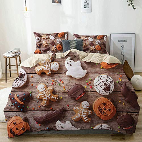 Juego de fundas nórdicas de color beige, dulces cubiertos de chocolate bañados en escarcha de fantasmas y calabazas temáticas de Halloween, juego de cama decorativo de 3 piezas con 2 fundas de almohad