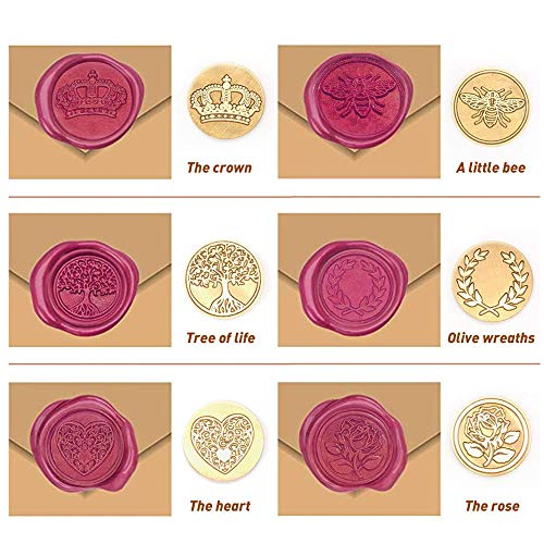 Juego de sellos de cera, 6 piezas de sello de cera Cabezas de latón y 1 pieza de mango de madera Kit de sello de cera de sellado adhesivo vintage para sobre Etiqueta de postal Invitación de boda