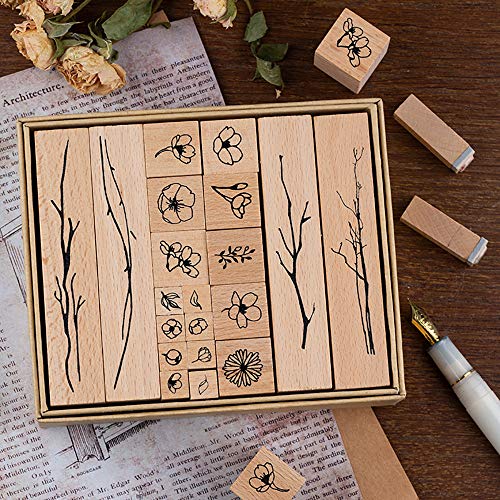 Juego de sellos de impresión de madera, Lychii 20 PCS Sello de goma de madera vintage, Juego de sellos de caja de plantas naturales (Flowery)