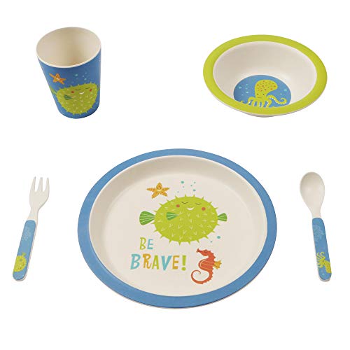 Juego de vajilla de bambú para niños, plato de bambú, cubertería infantil, cuenco de bambú, vasos infantiles, respetuoso con el medio ambiente, sin BPA y apto para lavavajillas, 5 piezas elefantes