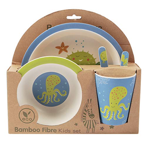 Juego de vajilla de bambú para niños, plato de bambú, cubertería infantil, cuenco de bambú, vasos infantiles, respetuoso con el medio ambiente, sin BPA y apto para lavavajillas, 5 piezas elefantes