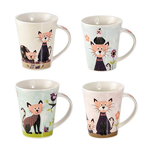 Juego Tazas de Café, Tazas Desayuno Originales de Té Café, Porcelana con Diseño de Gatos, 4 Piezas - Regalos para Amantes de los Gatos Hombres y Mujeres