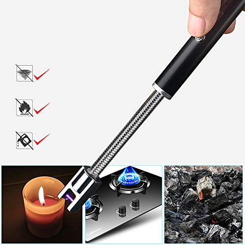 JUNSHUO Encendedor Eléctrico, Encendedor de Arco USB Recargable con Indicador de Batería LED, Cuello Largo 360° Flexible Antiviento sin Llama, Mechero para Cocina, Barbacoa, Velas, Estufa, Camping