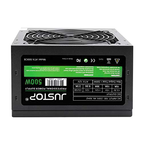 JUSTOP 500W ATX PC fuente de alimentación PSU 120 mm ventilador de refrigeración silencioso, 3 x SATA / 24 pines / 4 pines 12V / 2x MOLEX