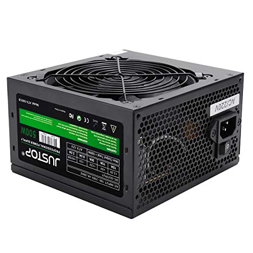 JUSTOP 500W ATX PC fuente de alimentación PSU 120 mm ventilador de refrigeración silencioso, 3 x SATA / 24 pines / 4 pines 12V / 2x MOLEX