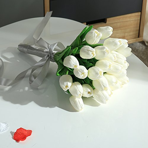 JUSTOYOU Latex Tulip, True Touch, Ramo de Flores Artificiales Decorativas, Hogar, Hotel, Jardín, Evento de Navidad, Blanco, Unidad 10