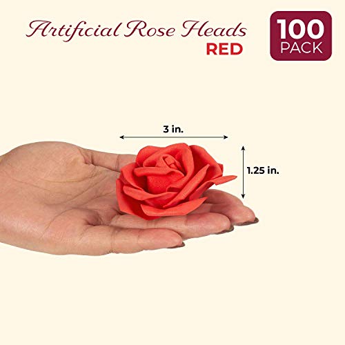 Juvale Rose Flores Cabezales – 100 unidades rosas artificiales, perfecto para decoración de bodas, baby showers, manualidades – rojo, 3 x 1,25 x 3 pulgadas