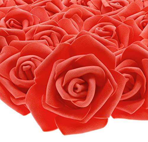 Juvale Rose Flores Cabezales – 100 unidades rosas artificiales, perfecto para decoración de bodas, baby showers, manualidades – rojo, 3 x 1,25 x 3 pulgadas