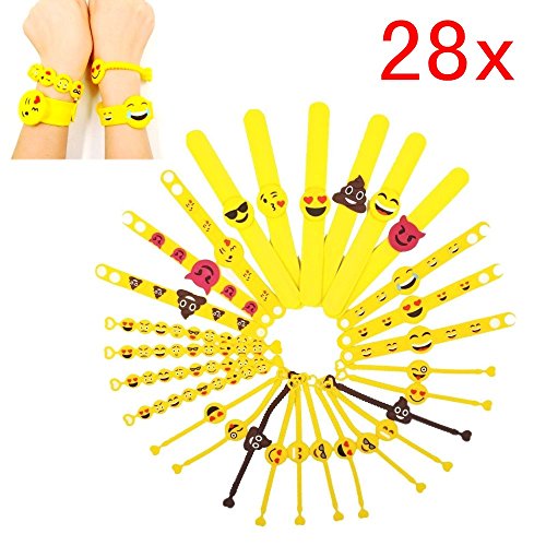 JZK 28 x Emoji Slap Pulsera Goma Banda emoticonos Pulsera Silicona para niños Adultos Fiesta favores niños cumpleaños Regalo Partido suministra pequeños Juguetes