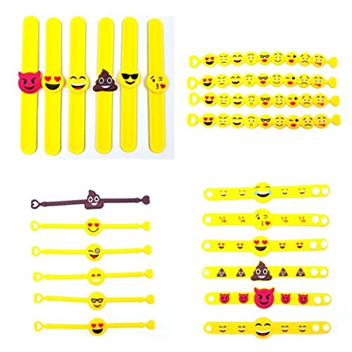 JZK 28 x Emoji Slap Pulsera Goma Banda emoticonos Pulsera Silicona para niños Adultos Fiesta favores niños cumpleaños Regalo Partido suministra pequeños Juguetes