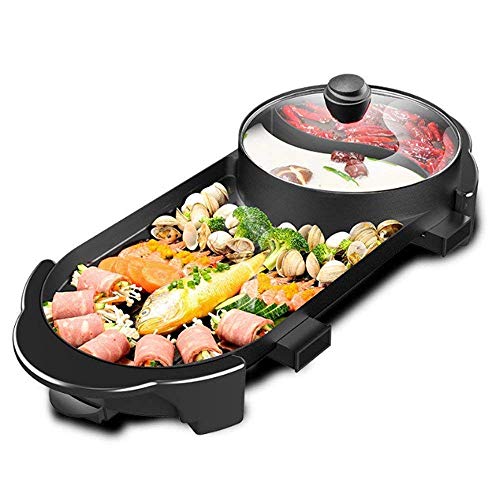 Kacsoo Hot Pot – Barbacoa eléctrica de mesa con tapa variable 5 temperaturas – 2400 W 2 parrillas 2 sabor sartén antiadherente gran capacidad para barbacoa interior