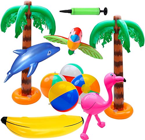 KAHEIGN 11Pcs Palmera Inflable Flamencos Inflables Loro Delfín Plátano Pelotas de Playa Juguetes para Decoración de Fiesta de Hawaii Telón de Fondo de Fiesta Luau - con Bomba de Aire