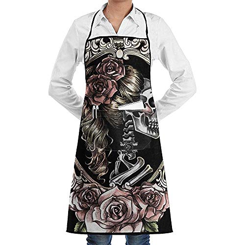 Katrine Store Skull Cameo Tattoo Delantal babero ajustable con 2 bolsillos, cocina Delantales de cocina para mujeres Hombres Chef