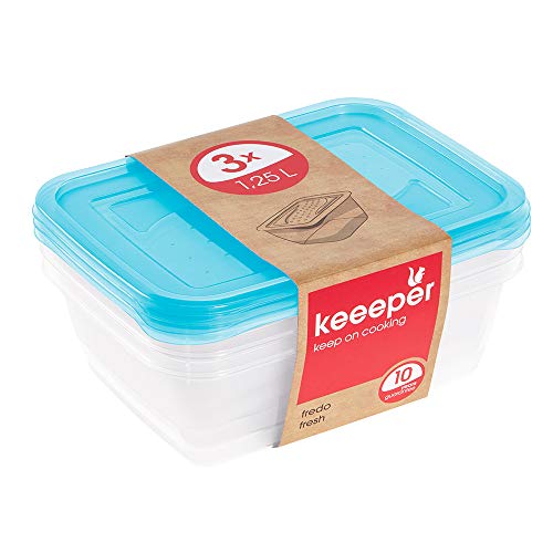 keeeper Set de 3 Fiambreras, 3 x 1,25 l, 20,5 x 15,5 x 6,5 cm, Fredo Fresh, Azul transparente