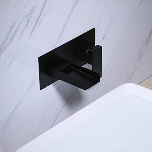 Kelelife Grifo Lavabo Cascada Negro Grifo Baño Mural de Pared, Agua Fria y Caliente Disponible, Construcción de Latón