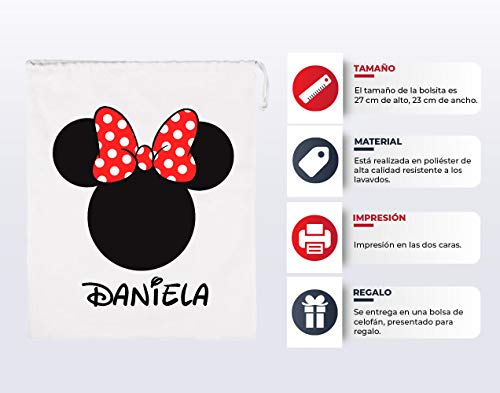 Kembilove Bolsas Infantiles Personalizadas – Bolsa Merienda Personalizado con el Nombre del Niño o Niña – Bolsa Almuerzo Vuelta al Cole – Bolsa guardería (Minnie