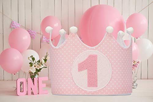 Kembilove Corona Cumpleaños Bebe – Corona Tela Cumpleaños – Corona Cumpleaños Infantil – Corona Primer Cumpleaños – Corona Niño y Niña – Corona Lunares rosa