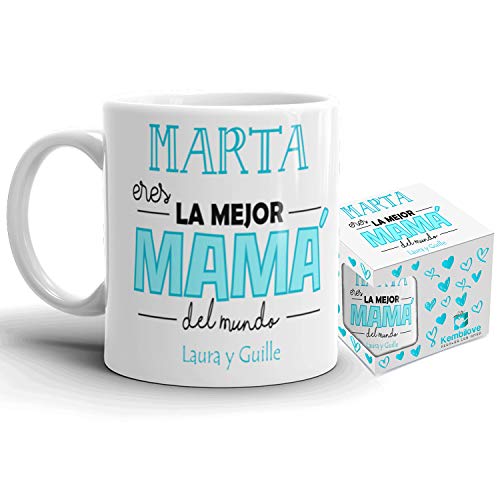 Kembilove Taza de Café Mama Personalizada – Taza de Desayuno con Nombre Eres la Mejor Mamá Personalizada con Nombre Hijos – Taza de Café y Té para Madres – Taza de Cerámica Impresa Azul