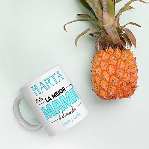 Kembilove Taza de Café Mama Personalizada – Taza de Desayuno con Nombre Eres la Mejor Mamá Personalizada con Nombre Hijos – Taza de Café y Té para Madres – Taza de Cerámica Impresa Azul