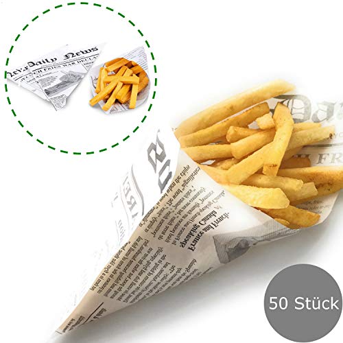 Kerafactum® – 50 bolsas de patatas para patatas fritas y patatas fritas adecuadas para fish y patatas fritas francesas, diseño de Daily News, bolsa para periódicos, tamaño 25 x 18 cm