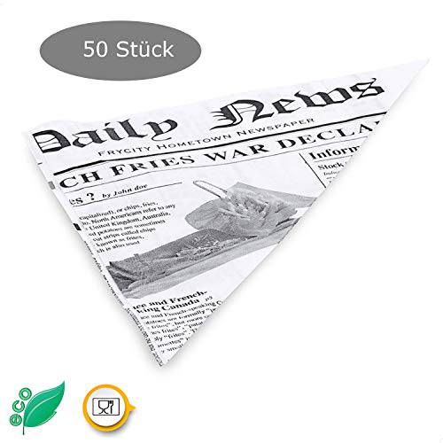 Kerafactum® – 50 bolsas de patatas para patatas fritas y patatas fritas adecuadas para fish y patatas fritas francesas, diseño de Daily News, bolsa para periódicos, tamaño 25 x 18 cm