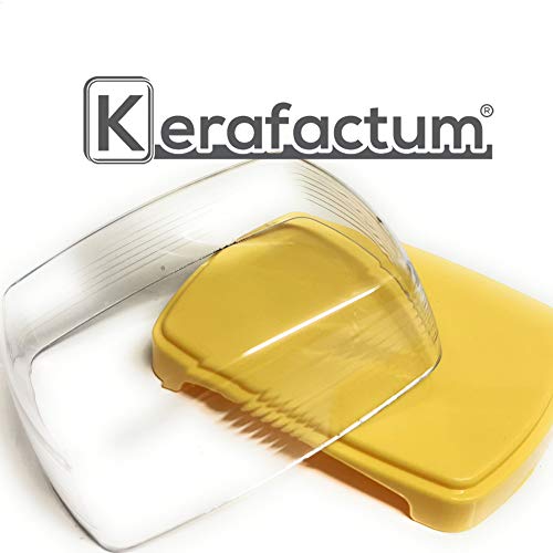 Kerafactum Mantequillera de plástico amarillo mantequilla queso lata con tapa transparente sin BPA para guardar el frigorífico, mantequilla de plástico giratorio bandeja para servir queso