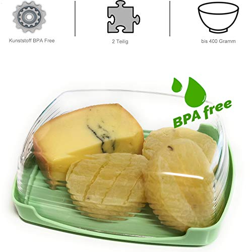 Kerafactum Mantequillera de plástico amarillo mantequilla queso lata con tapa transparente sin BPA para guardar el frigorífico, mantequilla de plástico giratorio bandeja para servir queso