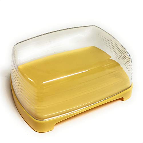 Kerafactum Mantequillera de plástico amarillo mantequilla queso lata con tapa transparente sin BPA para guardar el frigorífico, mantequilla de plástico giratorio bandeja para servir queso