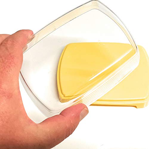 Kerafactum Mantequillera de plástico amarillo mantequilla queso lata con tapa transparente sin BPA para guardar el frigorífico, mantequilla de plástico giratorio bandeja para servir queso