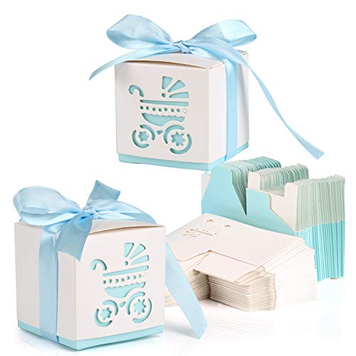 Kesote 50 Cajas de Papel para Dulces Bombones Cajas de Caramelos Bautizos Cumpleaños Baby Shower Comunion Regalo con 50 Cintas, 6 x 6X 6 CM