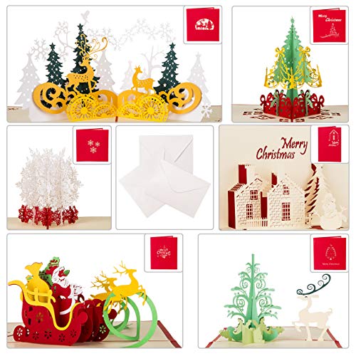 Kesote 6 3D Tarjetas de Felicitación de Navidad Tarjetas de Navidad con Modelo 3D Árbol De Navidad, Santa Claus, Copo De Nieve, Conjunto de 6 Boletos + 6 Sobres + 6 Pegatinas