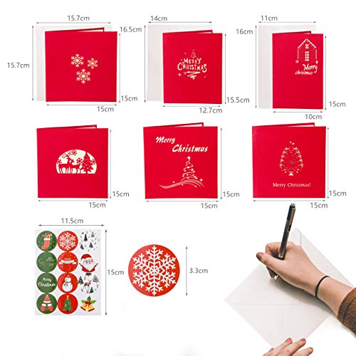 Kesote 6 3D Tarjetas de Felicitación de Navidad Tarjetas de Navidad con Modelo 3D Árbol De Navidad, Santa Claus, Copo De Nieve, Conjunto de 6 Boletos + 6 Sobres + 6 Pegatinas