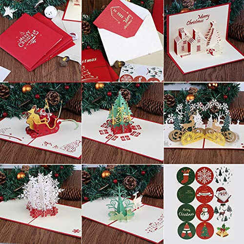 Kesote 6 3D Tarjetas de Felicitación de Navidad Tarjetas de Navidad con Modelo 3D Árbol De Navidad, Santa Claus, Copo De Nieve, Conjunto de 6 Boletos + 6 Sobres + 6 Pegatinas