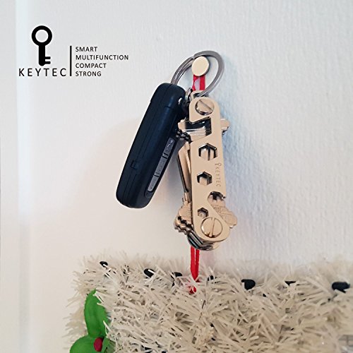 KEYTEC Compact Key Organizer (12-16 Keys) - Holder With Built-In Tools - Bottle Opener/Phone Stand - Frame Plus Anti Loosening Washer - Great Gift (Silver)