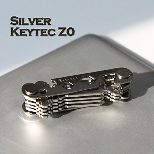 KEYTEC Compact Key Organizer (12-16 Keys) - Holder With Built-In Tools - Bottle Opener/Phone Stand - Frame Plus Anti Loosening Washer - Great Gift (Silver)