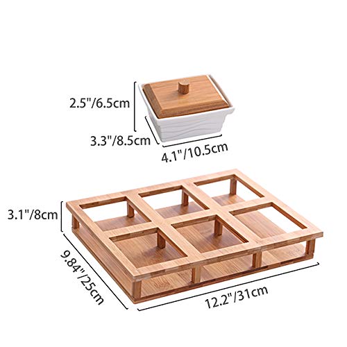 Kimmyer Juego de bandejas para Servir Aperitivos de Seis separaciones, Elegante Fuente de cerámica Blanca con Soporte de bambú y Tapas, para Queso, Galletas de Frutas y Aperitivos de Carne