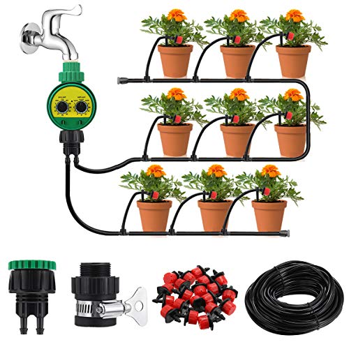 king do way 25M Kit de Riego por Goteo Ajustable, Sistema de Riego Automático con Temporizador, para Jardín, Macizo de Flores, Plantas de Patio