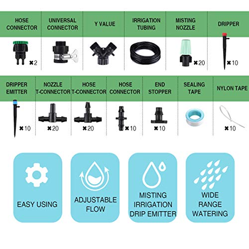 king do way 25M Sistema de Riego por Goteros Ajustable con 20 Boquillas Atomizadoras 10 Goteros de Fuente 10 Goteros, para Irrigación Jardín Invernadero Jardín y Césped