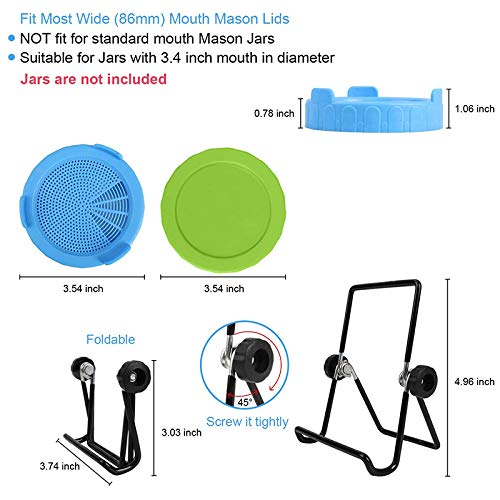 Kirmax 6Pack 86Mm Tapa de Colador de Tarro de Brotes + Tapas de Boca Ancha + Soportes de Brote, Kit de GerminacióN, Compatible con Anchos