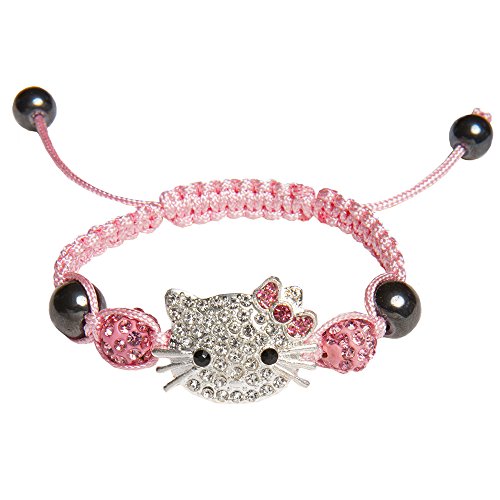 Kiss Me!Pulsera trenzada para niña en color rosa con diseño de Hello Kitty y piedras brillantes, ajustable