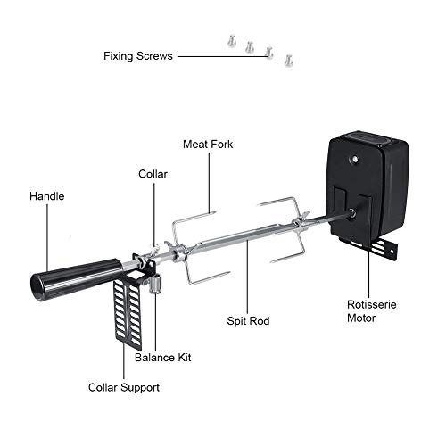 Kit de Asador de Barbacoa con BBQ Motor Eléctrico Asador Giratorio Automático Pincho Asador Accesorios para Cerdo/Cabra/Pollo Tenedor de Acero Inoxidable para Picnic, Camping, Mejor Regalo