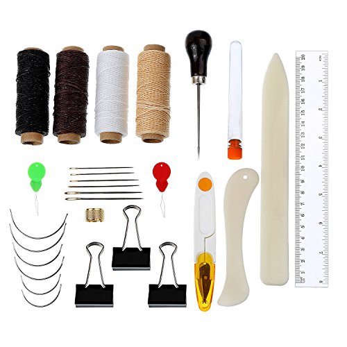 Kit de Herramientas de Encuadernación de 28 Piezas Agujas Curvadas de Ojo Grande Anillo de Dedal Enhebrador de Aguja Hilo Encerado Clipper Creaser de Papel de Carpeta de Hueso Clips de Carpeta Punzón