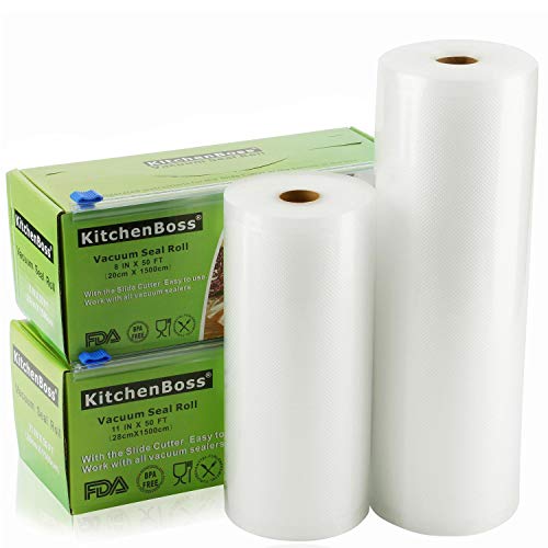 KitchenBoss Bolsas de Vacío 2 Rolls 20x1500cm y 28x1500cm con Caja de Corte (No Más Tijeras) para Almacenaje de Alimentos,Sous Vide Cocina, BPA Free