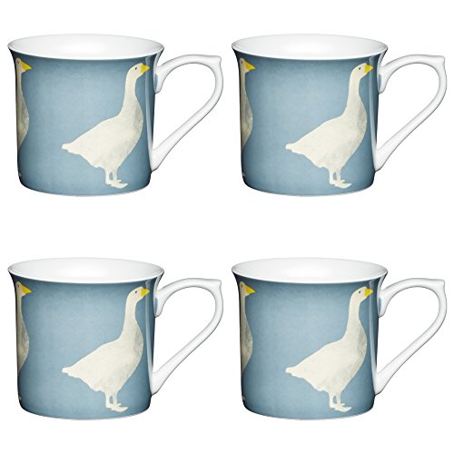Kitchencraft de Fine ganso estriado Printed mugs de pájaros, 300 ml (Juego de 4), Bone China, Azul/Gris, 11,5 x 8,5 x 8 cm